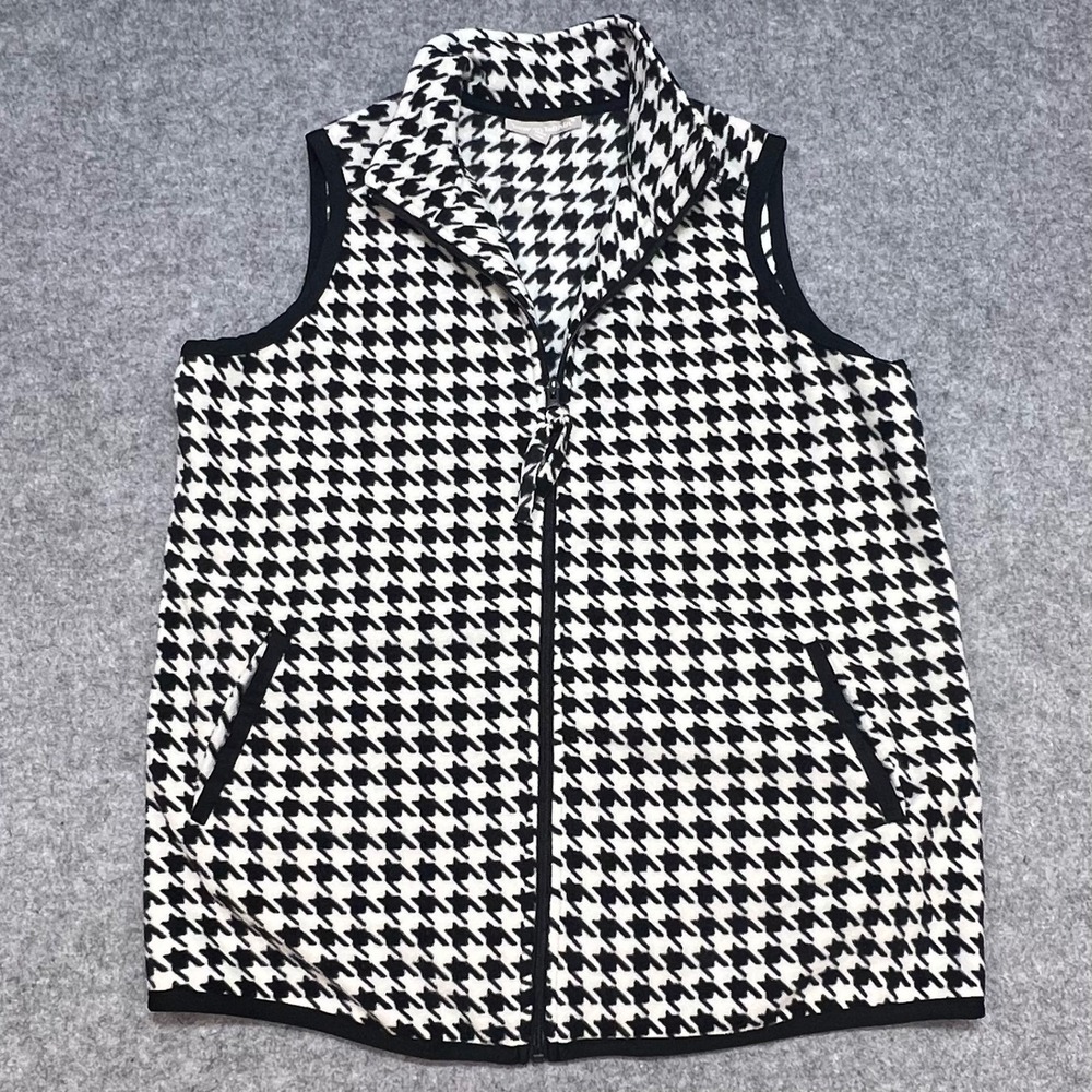 Woman Within Black White Houndstooth Fleece Vest Mock Neck Zip Pockets 14 16 M